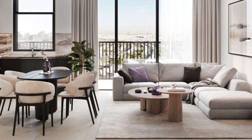 Modern living and dining room at Alta View with a light gray sectional sofa, wooden coffee tables, a black dining table with cream chairs, a potted plant, large windows offering city views, and neutral décor.
