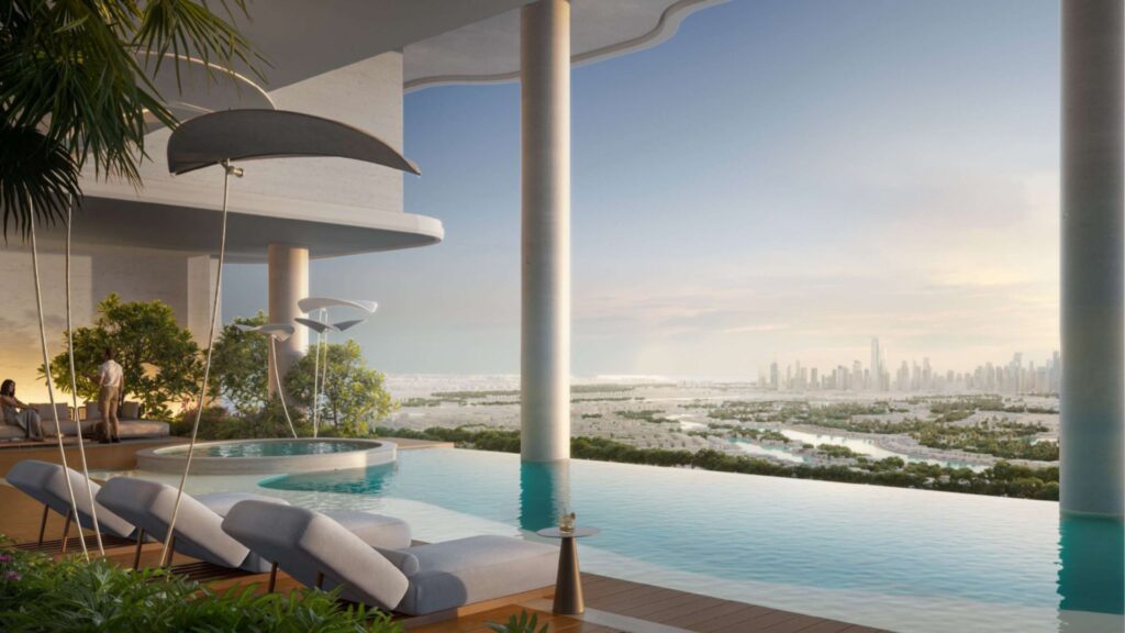 The luxurious infinity pool on the roof of Alta View is equipped with sun loungers, modern décor, and lush vegetation, offering views of the city and river at sunset. Tall columns and large windows frame the breathtaking panorama of Alta View.