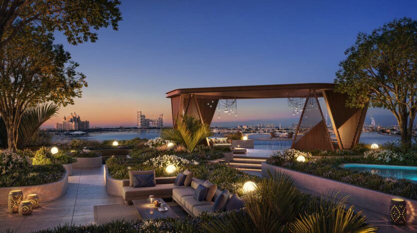 A luxurious rooftop lounge at sunset, Bella by Passo offers comfortable seating, glowing lanterns, lush greenery, and a modern pergola, providing breathtaking views of the city skyline and distant waterfront.