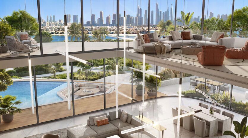 A modern and luxurious duplex living room at Bella by Passo features floor-to-ceiling windows, elegant furnishings, an outdoor pool and patio, lush greenery, and a breathtaking skyline backdrop under clear blue skies.