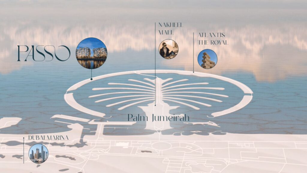 A stylized aerial map of Palm Jumeirah in Dubai highlights Passo, Bella by Passo, Nakheel Mall, Atlantis The Royal, and Dubai Marina, with circular medallion images representing each site.