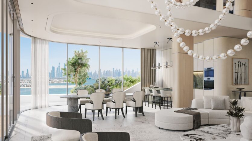 A modern and spacious living and dining room at Bella by Passo with large floor-to-ceiling windows, elegant furnishings, marble floors, and panoramic views of the city skyline and water. Spherical chandeliers hang from the ceiling.