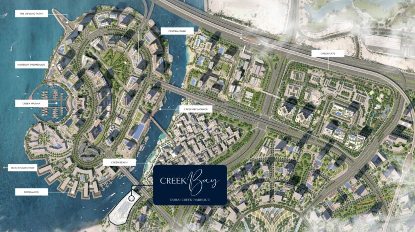 Un mapa aéreo detallado de Creek Bay, en el puerto de Dubai Creek Harbour, muestra las zonas etiquetadas, como el puerto deportivo, el paseo marítimo del puerto, el parque central, el puerto deportivo de Creek, la playa de Creek, así como diversas zonas residenciales y comerciales en Creek Bay.