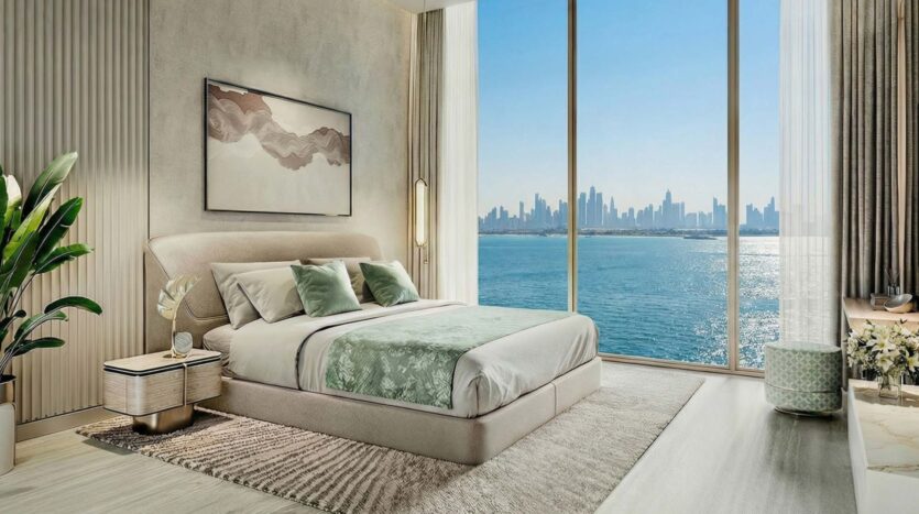 A modern bedroom with a large bed, green accents, and abstract artwork on the walls. Floor-to-ceiling windows reveal the stunning skyline of Flora Bay across the water. Sunlight fills this bright and elegant room.