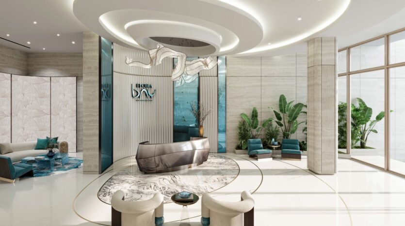 A modern and elegant reception area with a curved desk, an abstract sculpture on the ceiling, comfortable chairs, indoor plants from Flora Bay, neutral tones, and large windows that let in natural light. The stylish decor creates a welcoming atmosphere.
