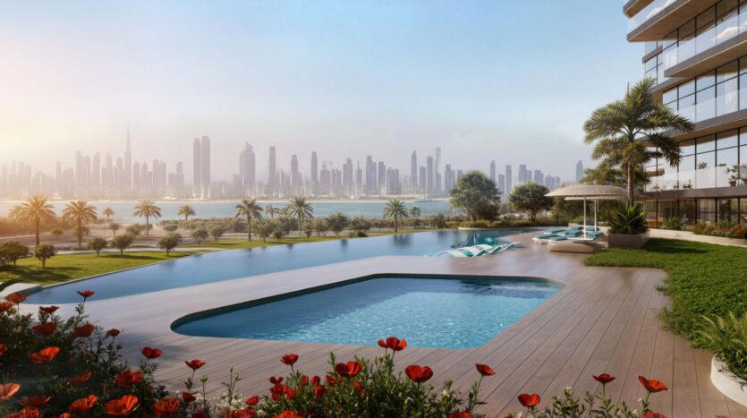 The luxurious pool, equipped with sun loungers and parasols, overlooks the lush gardens and palm trees of Flora Bay, with the modern city skyline and waterfront as a backdrop under clear skies.