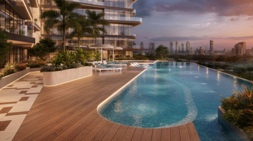 Luxurious rooftop pool at Flora Bay, featuring a curved wooden deck, lounge chairs, and umbrellas, surrounded by lush greenery. The modern city skyline is visible in the background at sunset, creating a serene urban oasis atmosphere.