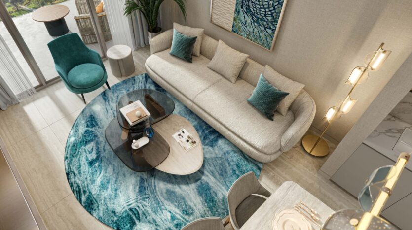 Modern living room featuring a cream sofa, teal accent chair, oval coffee tables, and an abstract blue rug. Decorative pillows, wall art, and a large floor lamp complete this elegant and comfortable space inspired by Flora Bay, seen from above.