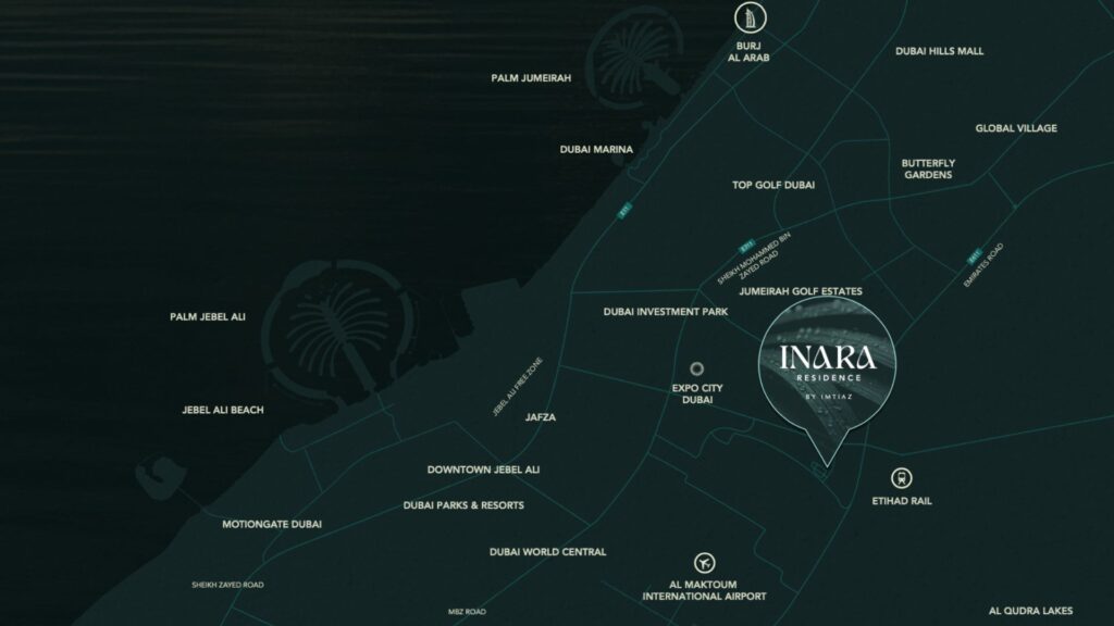 A dark map shows the Inara residence in Dubai, highlighting nearby points of interest such as Palm Jebel Ali, Palm Jumeirah, Expo City Dubai, and Al Maktoum International Airport.