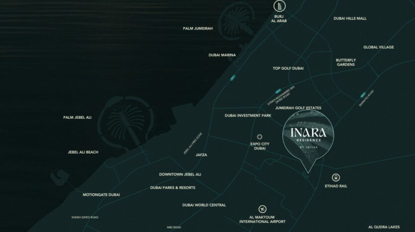 A dark map shows the Inara residence in Dubai, highlighting nearby points of interest such as Palm Jebel Ali, Palm Jumeirah, Expo City Dubai, and Al Maktoum International Airport.