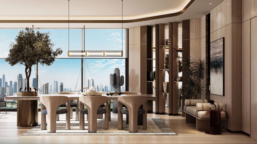 Modern dining room in the Inara residence with sculptural beige chairs, a large table, indoor plants, and floor-to-ceiling windows offering views of the city skyline. Neutral tones and contemporary décor create an elegant and airy atmosphere.