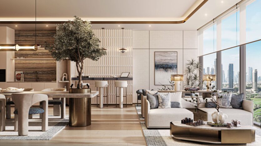 The modern and elegant living and dining room of the Inara residence, with neutral tones, large windows offering views of the city, stylish furniture, indoor plants, and soft lighting creating a comfortable and sophisticated atmosphere.
