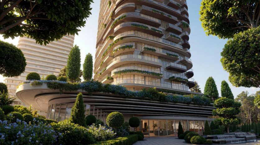 Le Château : Une tour moderne et incurvée avec de grands balcons et des plantes vertes et luxuriantes à chaque étage, entourée de jardins paysagers et d'arbres bien taillés, sous un ciel clair.