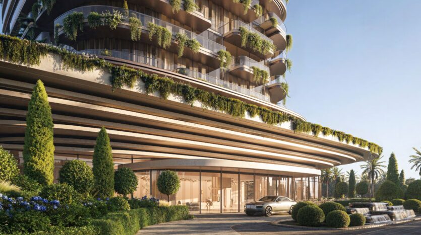 Un immeuble moderne Le Château avec des balcons courbes recouverts de verdure, de grandes baies vitrées, des arbustes paysagers, une voiture garée à l'entrée, avec une fontaine et des palmiers en arrière-plan.