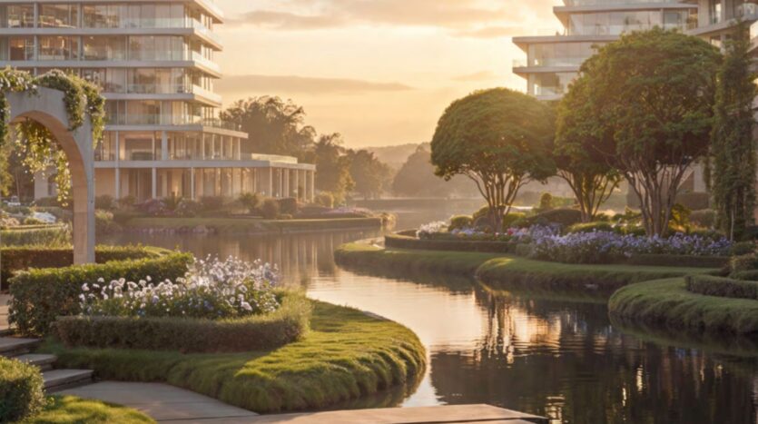 Des immeubles modernes, dont Le Château, entourent un canal serein avec des pelouses entretenues, des parterres de fleurs colorés et des arbres bien taillés, le tout baigné dans une douce lumière dorée au coucher du soleil.