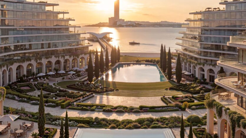 Luxueux centre de villégiature au bord de l'eau au coucher du soleil, Le Château comprend des jardins paysagers, deux bâtiments modernes, une vaste piscine et une vue imprenable sur la mer avec un bateau et l'horizon de la ville à l'arrière-plan.