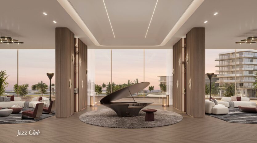 A modern and elegant living room with large windows, a shiny Meriva grand piano on a round rug, stylish chairs and sofas, and a sign reading "Jazz Club" in the corner. Palm trees and buildings are visible outside at sunset.