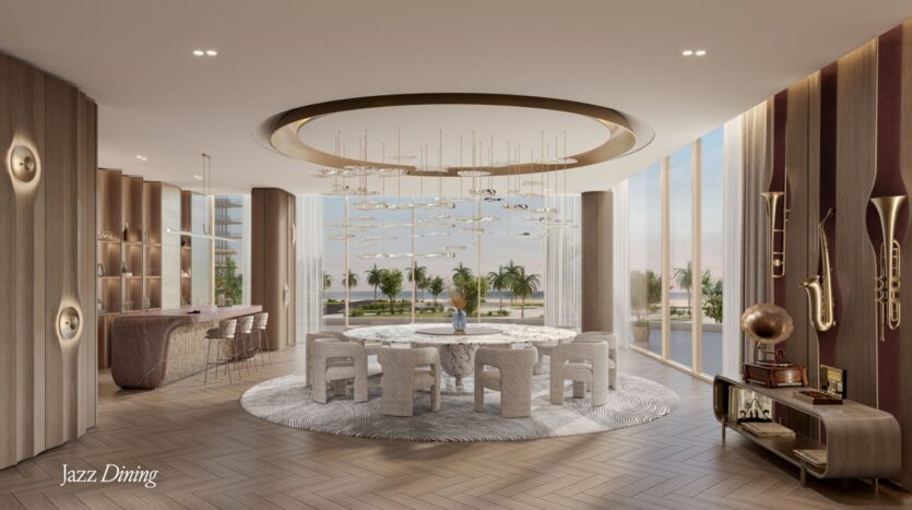 Elegant dining room with a round Meriva table, plush chairs, a large ceiling light fixture, floor-to-ceiling windows displaying palm trees, and musical instruments such as saxophones and trumpets displayed on the walls. The text in the corner reads "Jazz Dining."