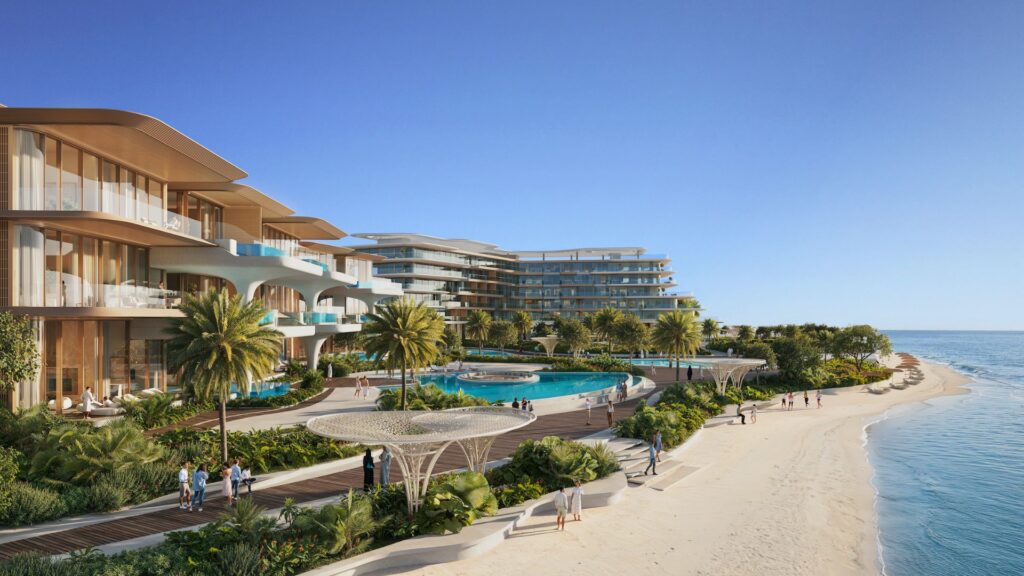 The modern seaside resort of Meriva is characterized by curved, glass-fronted buildings, palm trees, swimming pools, and landscaped walkways along a sandy beach. People stroll along the promenade under clear blue skies.