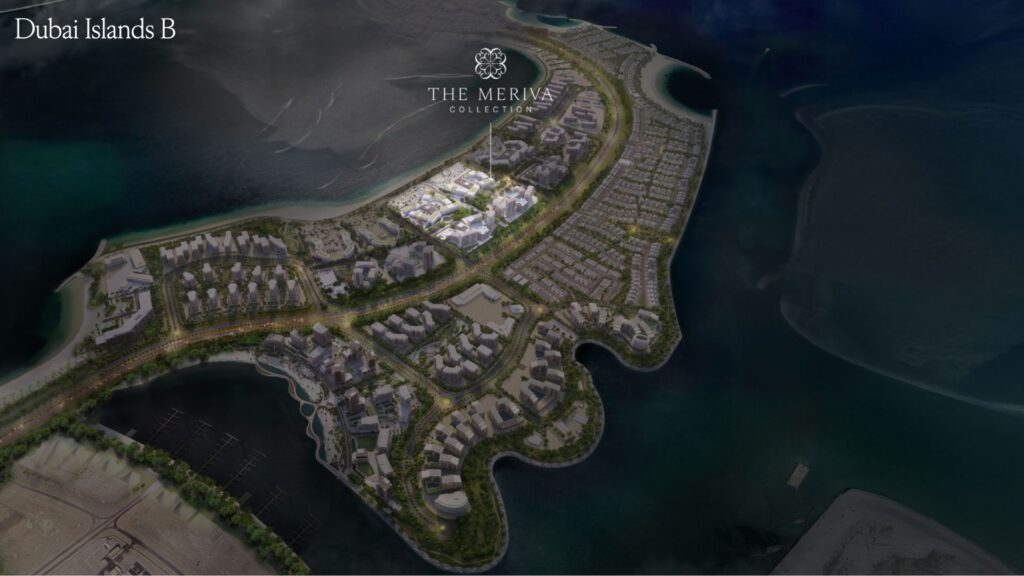 Aerial view of a nighttime master plan for Dubai Islands B, featuring illuminated buildings, green spaces, and waterfront areas surrounded by dark waters, with the logos "The Merina Collection" and Meriva in the center.