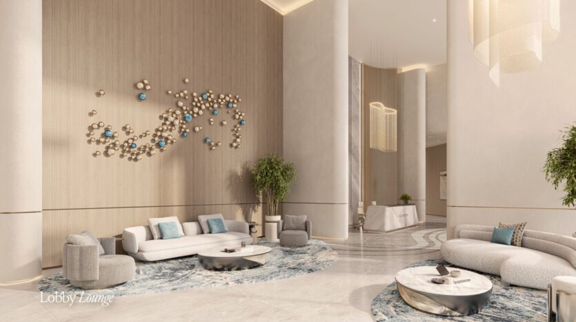 A modern hotel lobby with cream walls, curved sofas, round Meriva coffee tables, blue and gray accents, metal spheres on the walls, large plants, and a bright and airy atmosphere. The text at the bottom left reads "Lobby Lounge."