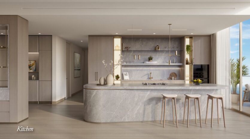 Modern Meriva kitchen with light wood cabinets, a large marble island with three stools, open shelves, built-in appliances, minimal decor, and floor-to-ceiling windows to let in natural light. The word "Kitchen" appears in the corner.