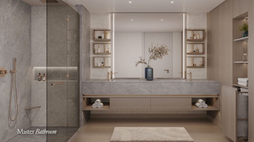A modern Meriva bathroom features a large double sink cabinet, a wide mirror, built-in shelves with toiletries, a glass walk-in shower, neutral tones, and a vase with dried branches on the countertop.