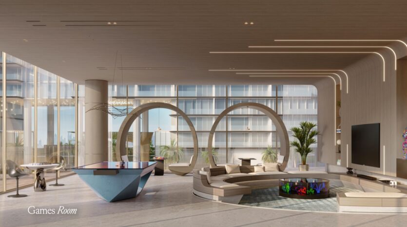 Modern game room with curved Meriva seats, large circular arches, a pool table, foosball table, plants, and a large wall-mounted TV. Large windows let in natural light; city buildings are visible outside. Text "Game Room" at bottom left.