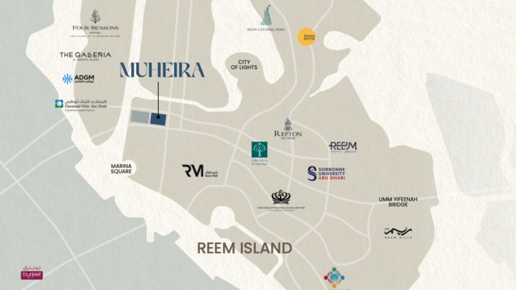 Map of Reem Island in Abu Dhabi, highlighting key landmarks, schools such as Muheira and Repton School, parks, Sorbonne University, City of Lights, The Galleria, and major bridges.