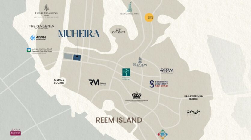 Map of Reem Island in Abu Dhabi, highlighting key landmarks, schools such as Muheira and Repton School, parks, Sorbonne University, City of Lights, The Galleria, and major bridges.