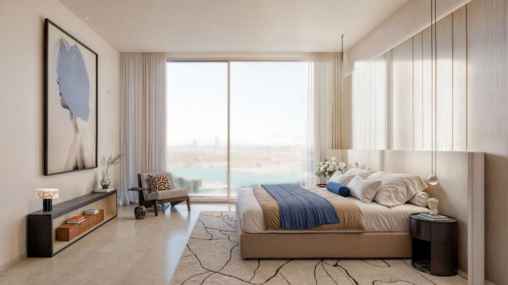 Muheira's modern bedroom with a large window overlooking the water, beige walls, neutral decor, a neatly made bed with blue accents, contemporary artwork, a striped rug, and minimalist furniture.