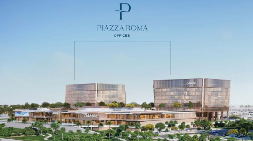 Moderno complesso di uffici composto da due edifici in vetro con la scritta "DAMAC", circondato dal verde. Il logo di Piazza Roma e la scritta "Piazza Roma Offices" appaiono in alto su uno sfondo di cielo azzurro.