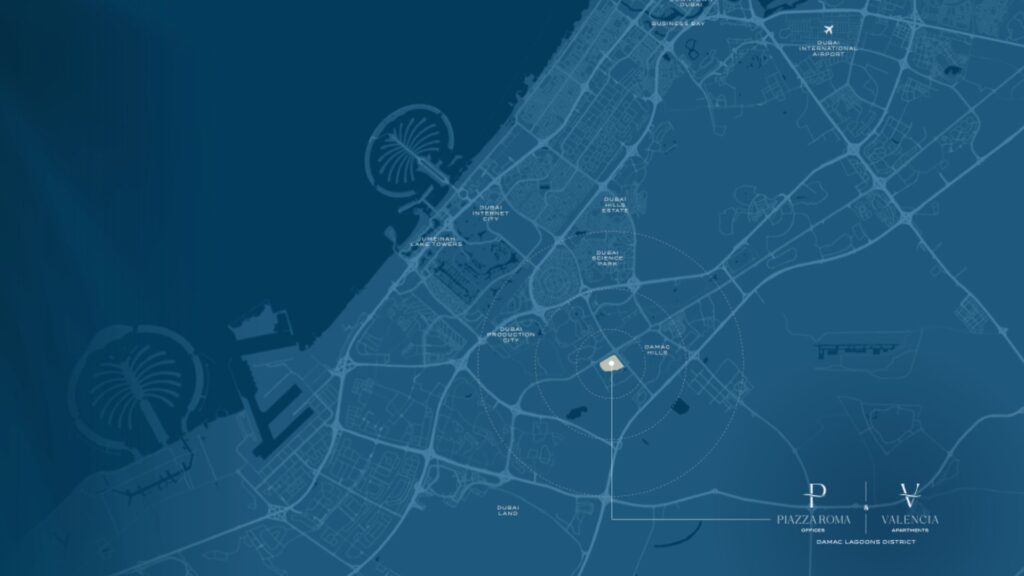 La mappa di una città costiera dai toni bluati mostra le strade principali, i punti di riferimento e un'isola a forma di palma. Al centro spiccano il "Valencia Landing District" e la "Piazza Roma", mentre le icone di aerei e navi aggiungono dettagli alla scena.