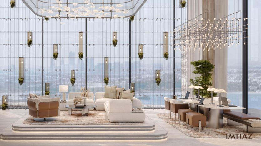 A modern and elegant living room with large floor-to-ceiling windows, neutral-toned furniture, sculptural light fixtures, and vertical greenery on the walls. The bright and airy space overlooks Sea Cliff's beautiful urban landscape.