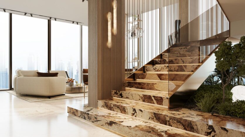 Modern living room in Sea Cliff with a marble staircase, glass railings, beige armchairs, a round coffee table, large windows overlooking the city, and indoor plants creating a bright and luxurious atmosphere.