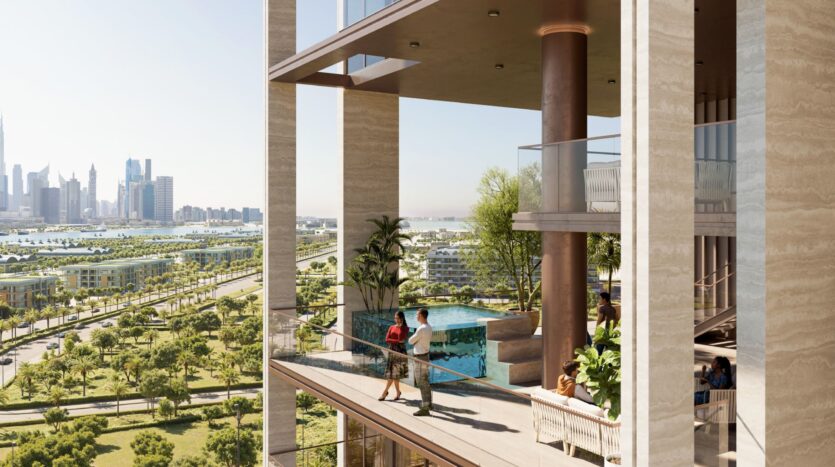 The balcony of a modern tower with glass railings in Sea Cliff overlooks an urban landscape and a lush park. People stroll and relax near a swimming pool surrounded by greenery and trees, with tall buildings visible in the background.