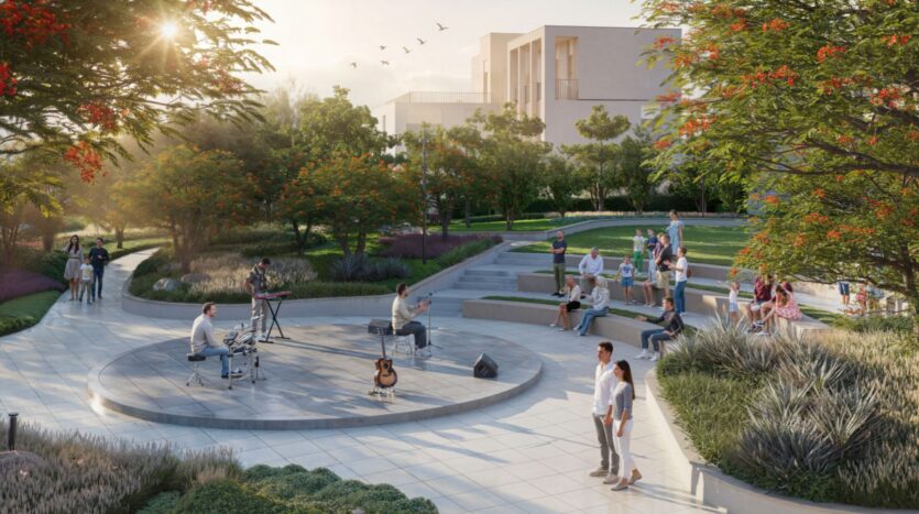 People gather in an outdoor amphitheater at Sobha Sanctuary to watch a band perform, surrounded by greenery, blossoming trees, and modern buildings, under a clear, sunny sky with birds flying overhead.