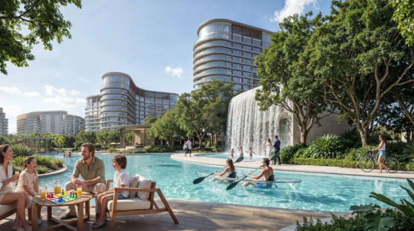 People relax by the pool at Sobha Sanctuary, surrounded by lush vegetation and modern buildings with rounded shapes. Some kayak in the pool, while others sit at tables or stroll or cycle nearby. A large waterfall completes the scene.