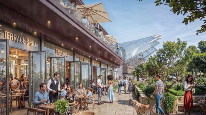 People dine at outdoor restaurant tables along a bustling, tree-lined walkway in Sobha Sanctuary. Some walk their dogs, socialize, or pass by. Others enjoy their meals on a second-floor terrace under umbrellas on a sunny day.