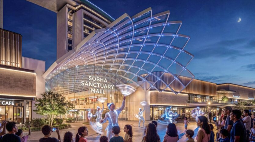 A crowd gathers outside Sobha Sanctuary at night, watching performers in illuminated costumes under a modern glass canopy. The crescent moon shines above the entrance to the Sobha Sanctuary shopping center.