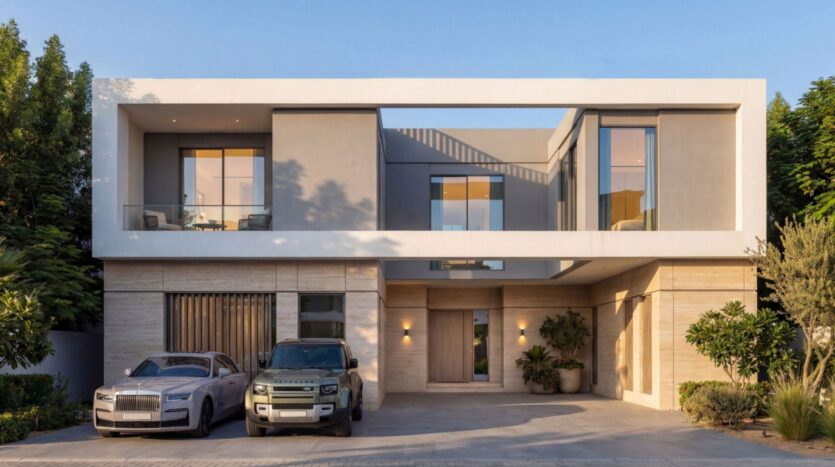 A modern two-story house with large windows, minimalist design, and a flat roof, reminiscent of Sobha Sanctuary. Two luxury cars are parked in the driveway, framed by a carefully landscaped green space.