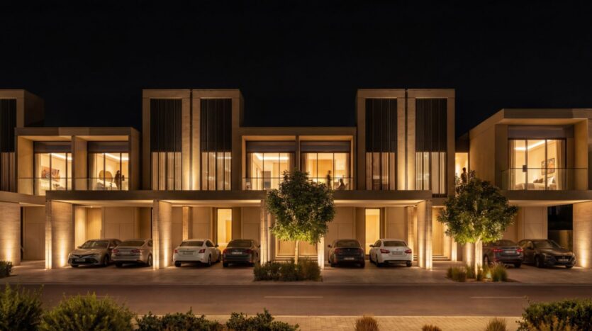 A row of modern two-story townhouses at Sobha Sanctuary feature large windows that are warmly lit at night. Several cars are parked in the driveways beneath the houses, and trees line the front of the property.