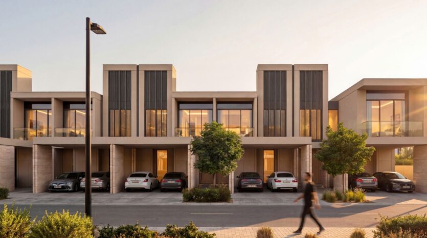 A row of modern townhouses at Sobha Sanctuary features large windows, balconies, and carports. Trees and landscaping line the street, while a blurred figure walks along the sidewalk in the glow of the setting sun.
