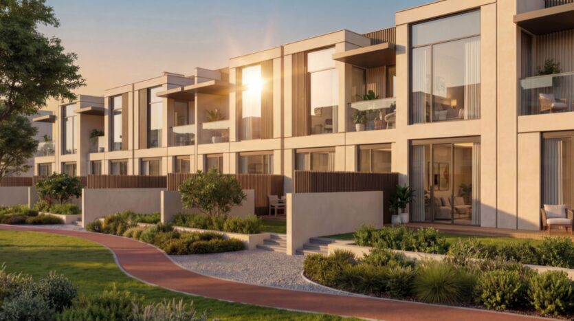 Modern townhouse complex at Sobha Sanctuary with large windows, balconies, and landscaped gardens. A winding path runs through well-maintained green lawns, and sunlight reflects off the building's windows at sunset.