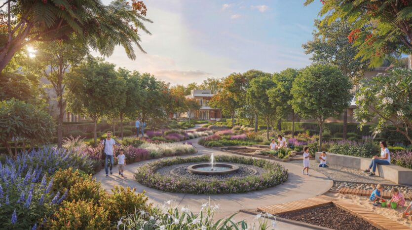 Sobha Sanctuary features a landscaped park with a circular fountain, blooming flowers, and trees. Families and children stroll, sit, and play on benches and lawns under blue skies.