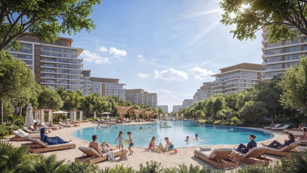 People relax on lounge chairs and enjoy themselves in the large swimming pool at Sobha Sanctuary, surrounded by trees, greenery, and modern multi-story buildings, under a bright blue sky with scattered clouds.