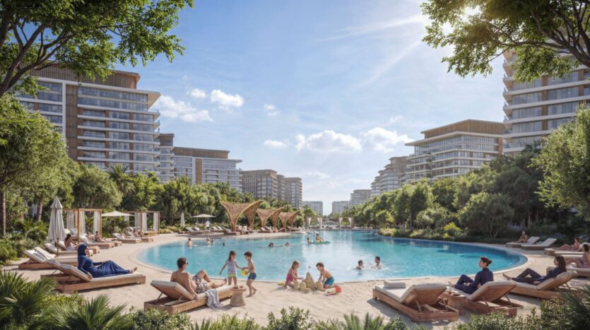 People relax on lounge chairs and enjoy themselves in the large swimming pool at Sobha Sanctuary, surrounded by trees, greenery, and modern multi-story buildings, under a bright blue sky with scattered clouds.