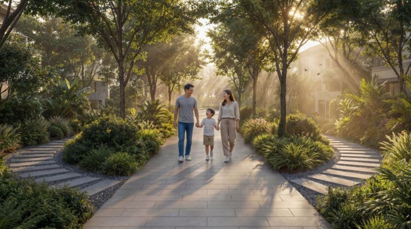 A family of three walks hand in hand along a sunlit path in the lush garden of Sobha Sanctuary, surrounded by trees and greenery with soft sunlight streaming through the branches.