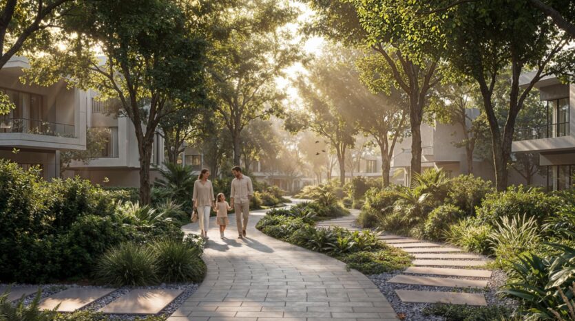 A family of three walks along a curved paved path at Sobha Sanctuary, surrounded by lush greenery and modern buildings, with sunlight filtering through the tall trees above their heads.
