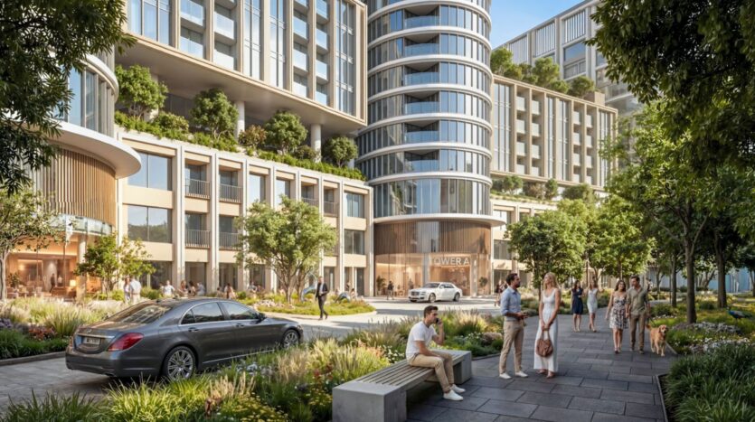 A modern urban square near Sobha Sanctuary with people strolling and relaxing on benches surrounded by greenery, in front of large buildings with big windows and balconies lined with plants; a parked car and blue sky complete the scene.